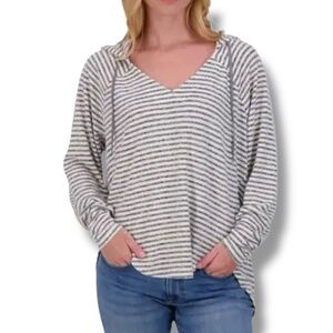 LUCKY BRAND Super Soft Grey / Cream Striped Hoodie Long Sleeve US Sz L